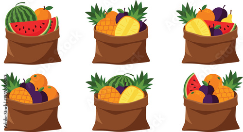 Set of various fresh fruit in brown burlap sacks featuring watermelon pineapple orange and plum in colorful flat cartoon style for market and harvest design.