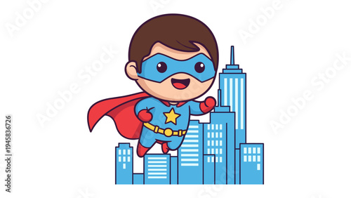 A cute cartoon superhero flying over a city skyline with a bright red cape and a golden star emblem Vector