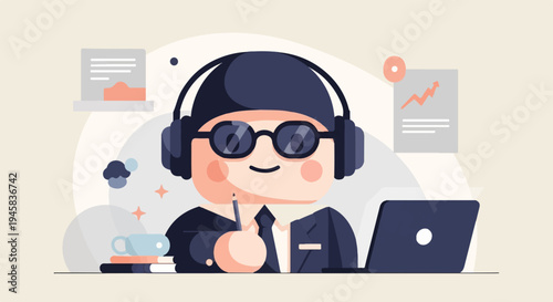 Animated character in business attire with headphones and laptop
