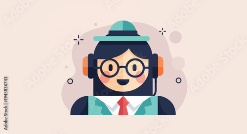 Cheerful animated person with headphones, glasses, and hat, offering support