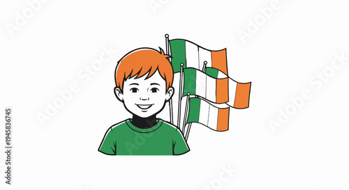 Cheerful boy with ginger hair and green shirt, waving Irish flags