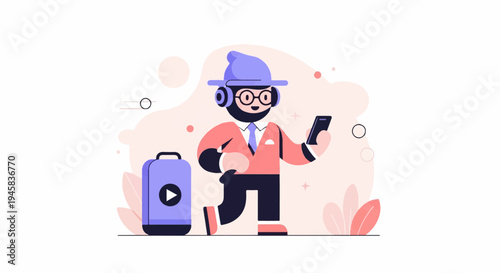 Cheerful cartoon person with headphones and phone, carrying luggage
