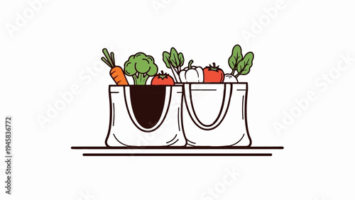 Two white tote bags overflowing with colorful fresh vegetables and greenery