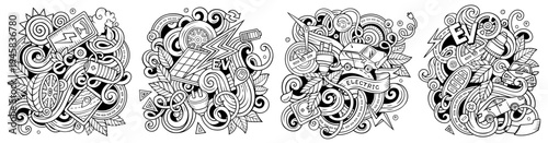 Electric Vehicles cartoon vector doodle designs set. Sketchy detailed compositions with lot of EV objects and symbols