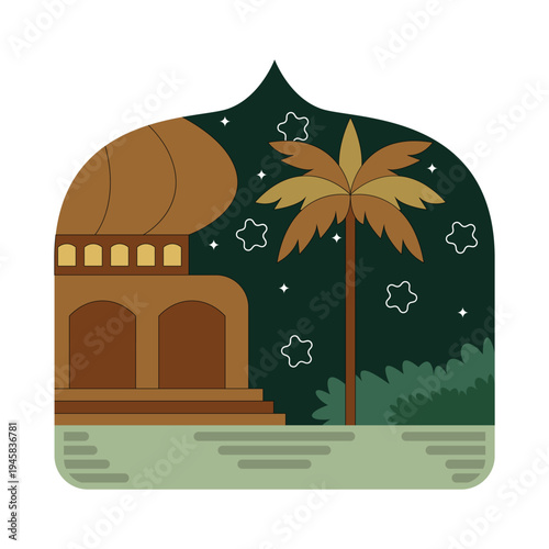Islamic Mosque and Palm Tree at Night Illustration