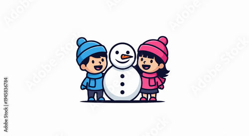 Two cartoon children, a boy and a girl, with hats and scarves, build a snowman