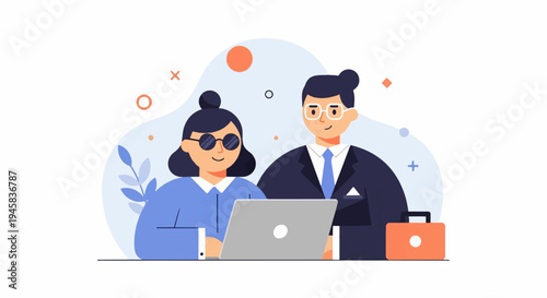 Two colleagues collaborating on a laptop, with a briefcase nearby