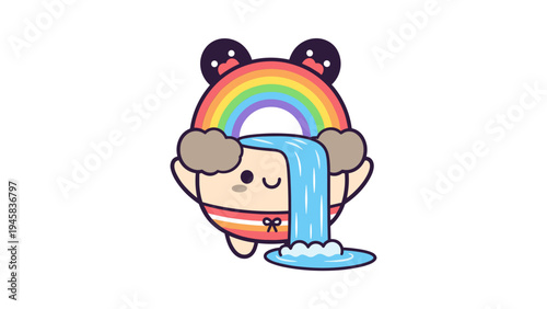 A cute cartoon character wearing a rainbow headband with a waterfall flowing from its hair design Vector