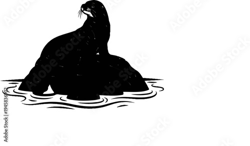 Black seal perched on a rock in stylized water