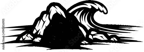 Stylized black and white illustration of a rocky outcrop facing a crashing wave