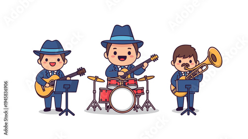 A cute cartoon illustration of a three piece jazz band playing instruments on a white background Vector