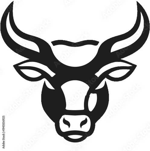 Stylized black and white graphic of a bull's head with large horns