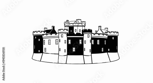 Stylized black and white drawing of a round castle with multiple towers and battlements