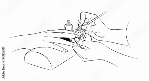Close-up line art of hands receiving a manicure, with polish bottle