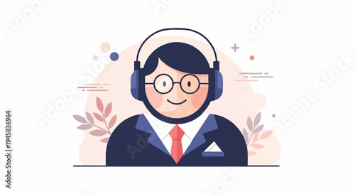Cheerful person in suit and headphones with abstract plant elements