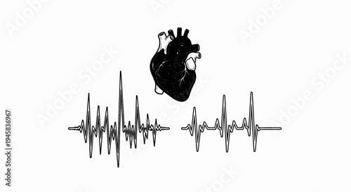 Striking black and white anatomical heart above contrasting heart rate monitor lines