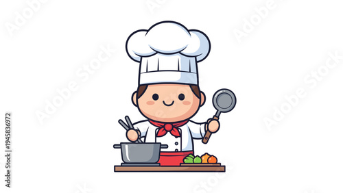 A cute cartoon illustration of a happy little chef cooking a meal in the kitchen with a large pan Vector