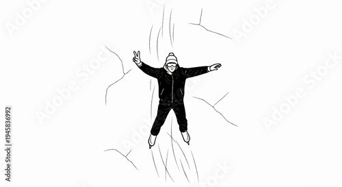 Skater in black winter clothing with arms outstretched, making peace sign