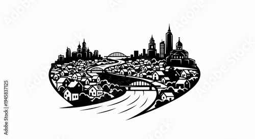 Stylized heart-shaped cityscape with river, bridges, and diverse architecture