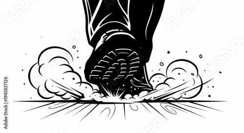 Powerful boot stomping down, kicking up dust and debris with force