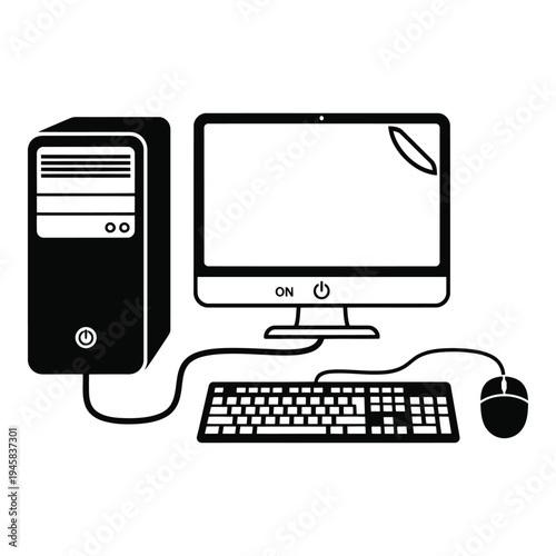 Desktop computer setup with monitor, cpu tower, keyboard, and mouse connected for office use