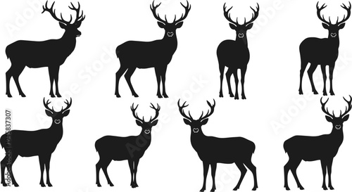 Silhouette Deer Set with Various Poses and Antlers for Wildlife and Nature Illustration
