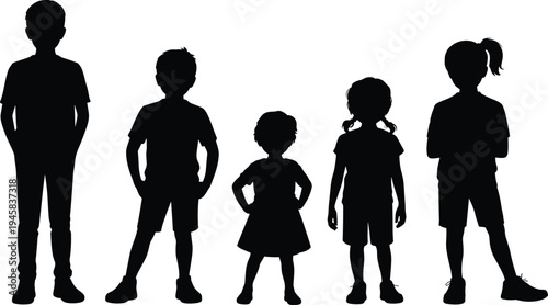 Collection of children silhouettes standing in different poses, boys and girls full body vector set isolated on white for childhood, education and character design