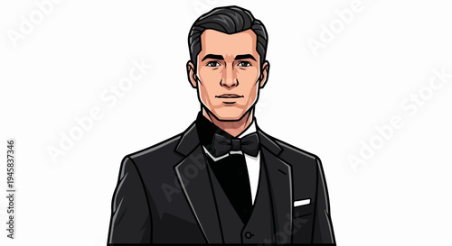 A stylized male portrait in a formal black tuxedo and bowtie