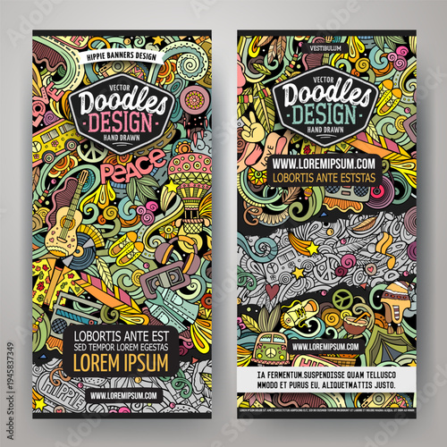 Hippie hand drawn doodle banners set. Cartoon detailed flyers. Hippy identity with objects and symbols. Color vector design elements illustration