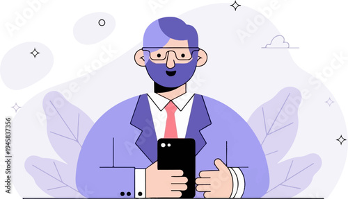 Bearded professional in suit with glasses holding smartphone, stylized background