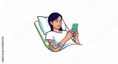 Woman in hospital bed using phone with IV drip