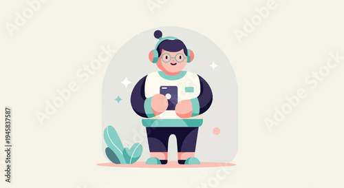Whimsical character with headphones and phone, surrounded by stars and plants