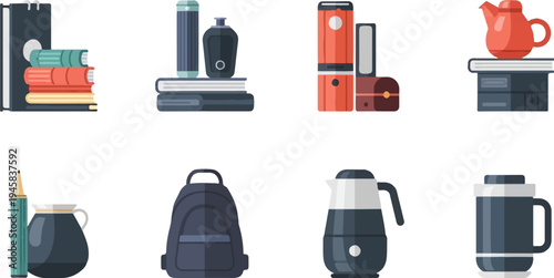 Various objects like books, a kettle, a backpack, a coffee pot, and a mug arranged