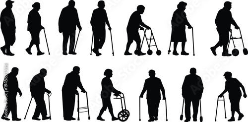 Collection of elderly people silhouettes walking with cane and walker isolated on white background, senior men and women mobility support concept