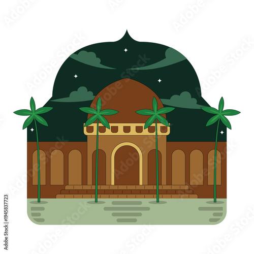 Islamic Mosque Illustration at Night with Palm Trees