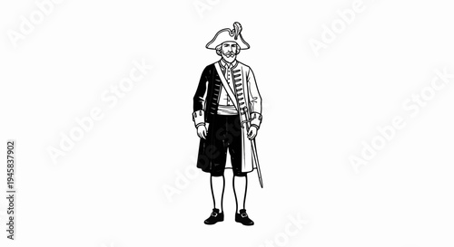 An elegant man in historical attire stands formally, sword at his side