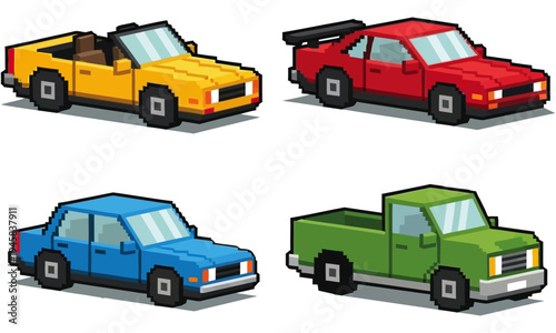 Colorful illustration of four pickup trucks in different colors on a white background, showcasing vehicles.