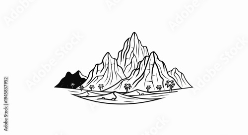 Stylized black and white illustration of dramatic mountain peaks with palm trees
