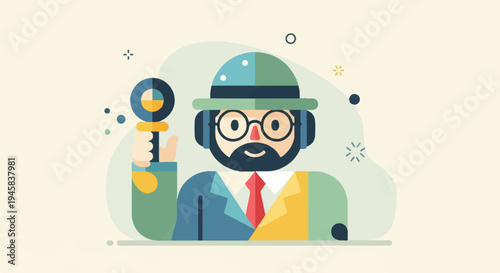 Cartoon man with beard, hat, glasses, headphones, suit, and magnifying glass