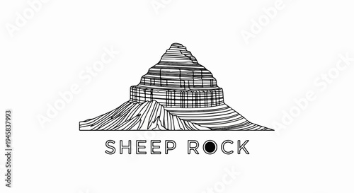 Stylized layered rock formation with text and a circle graphic