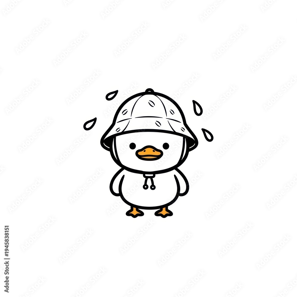 Fototapeta premium Cartoon duck wearing a white bucket hat in the rain