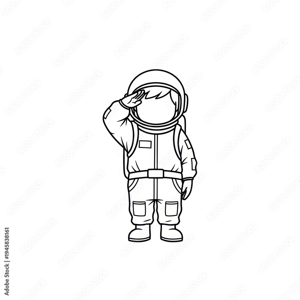 Obraz premium Cartoon astronaut saluting line art drawing on white background