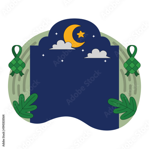 Eid al-Fitr and Ramadan Celebration Frame with Moon and Ketupat