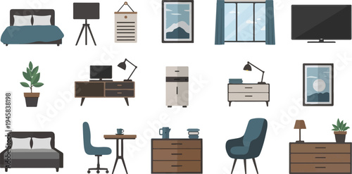 Collection of flat design interior furniture and decor items