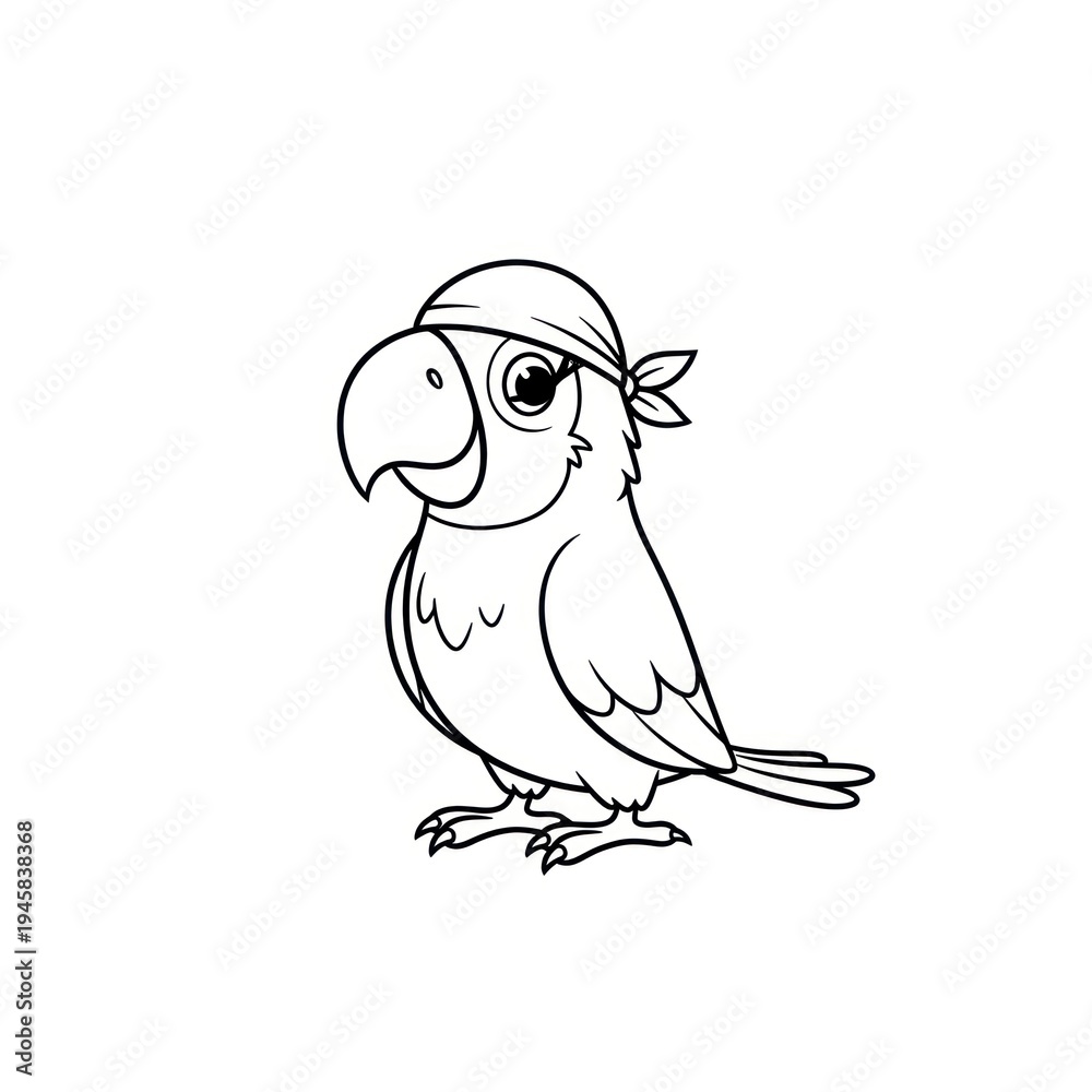 Fototapeta premium Cartoon pirate parrot wearing a bandana outline drawing