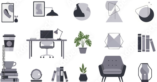 Collection of minimalist home and office decor items in gray tones