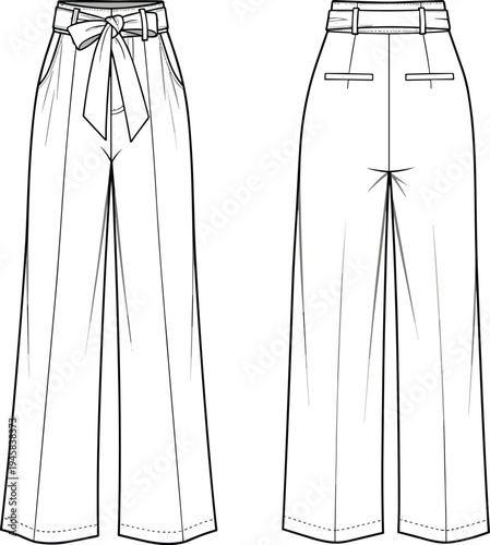 Technical CAD Drawing Flat Vector Illustration of Women High Waist Wide Leg Trousers Featuring a Paperbag Waist and Tie Belt Detail