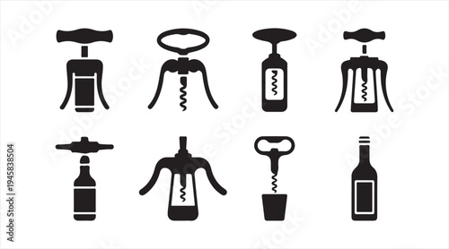 Wine corkscrew opener icon set, bottle opening tool silhouettes collection