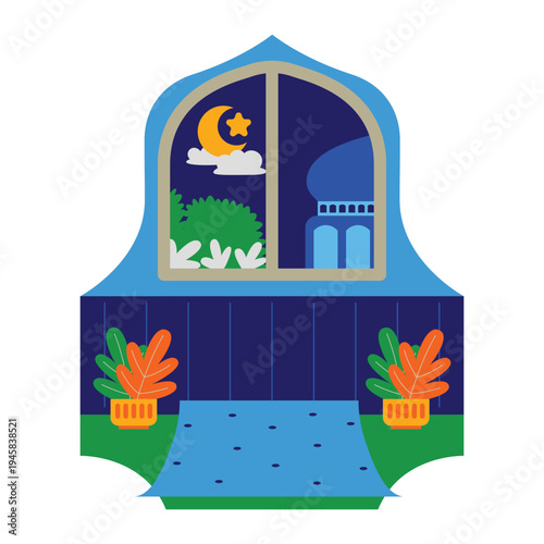 Ramadan Night Window View with Mosque and Crescent Moon