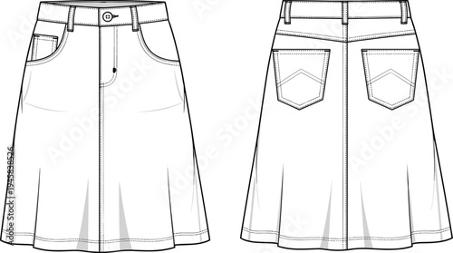 Technical CAD Drawing Flat Vector Illustration of a Women's Denim A-Line Skirt with Five Pockets and Front Button Fly Detail
